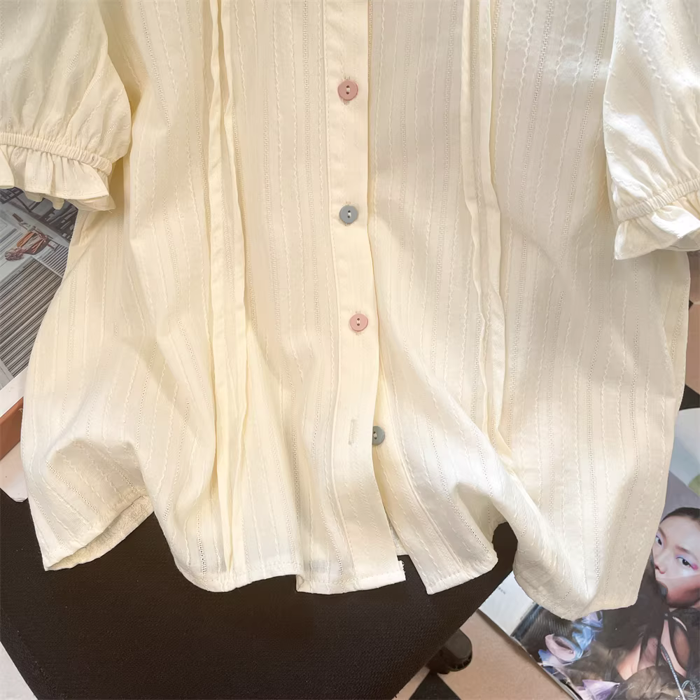 Áo sơ mi ngắn tay cổ búp bê phong cách retro hàn quốc dành cho nữ, thiết kế mùa hè, độc đáo, áo nửa tay độc đáo và sang trọng
