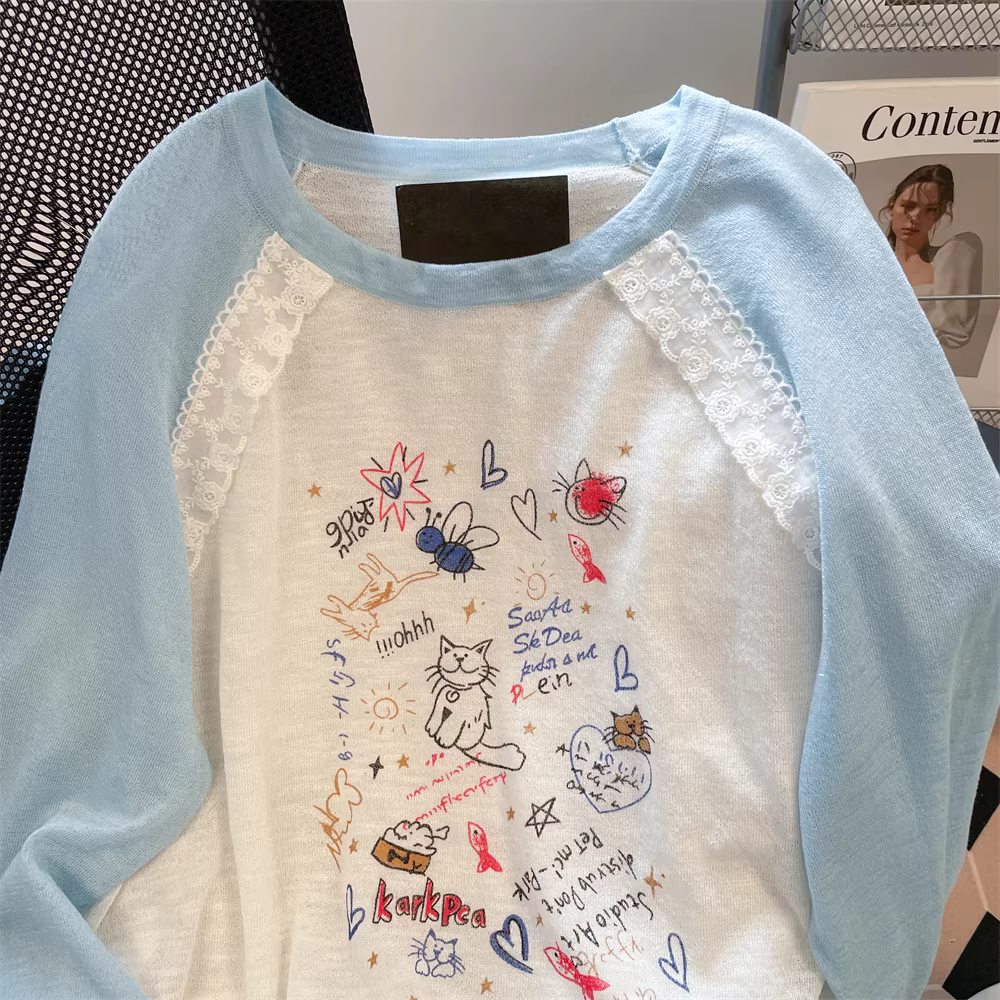 Áo thun chống nắng phong cách hoạt hình vui nhộn kiểu Hàn Quốc dành cho nữ, áo dài tay raglan phối ren thoải mái mùa hè