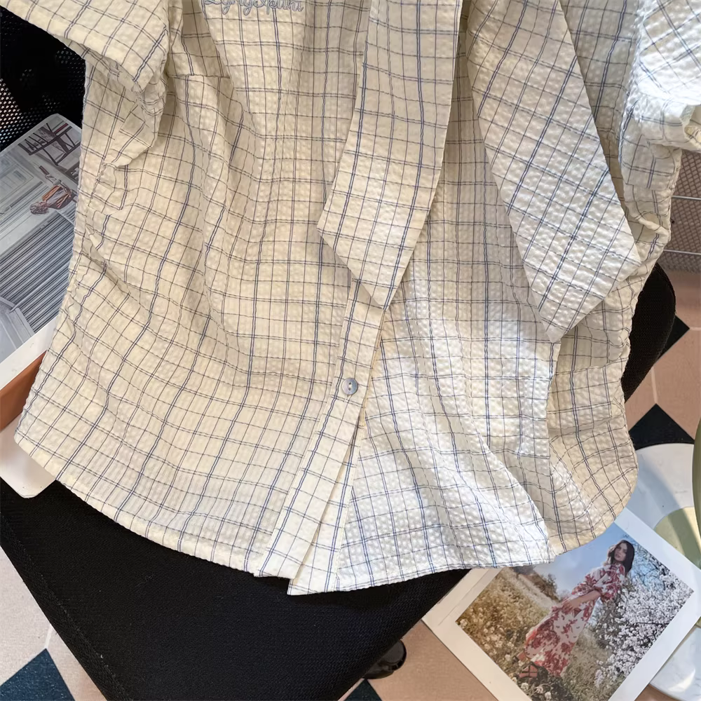 Áo sơ mi kẻ sọc cổ bồng kiểu cổ điển Pháp dành cho nữ, kiểu dáng ôm sát mùa hè, áo tay phồng chất liệu có vân dành cho công sở