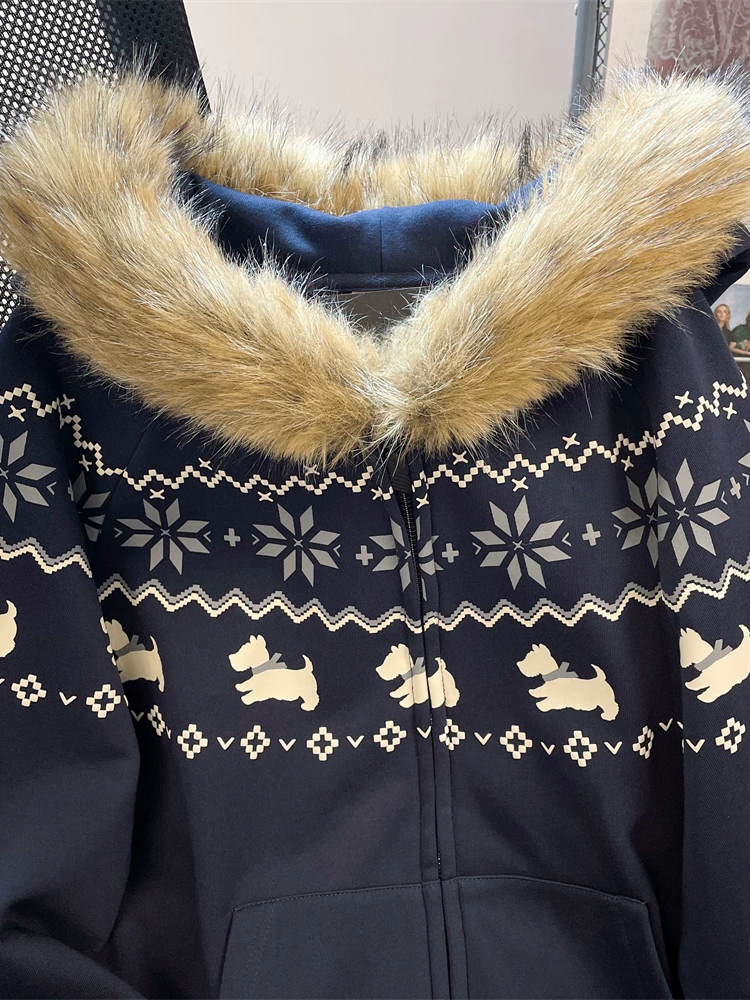 Áo len cổ lông chó Fair Isle cổ điển cao cấp dành cho nữ, phong cách Hàn Quốc mùa thu đông, trang phục khí chất, áo khoác lót lông cừu và dày dặn.