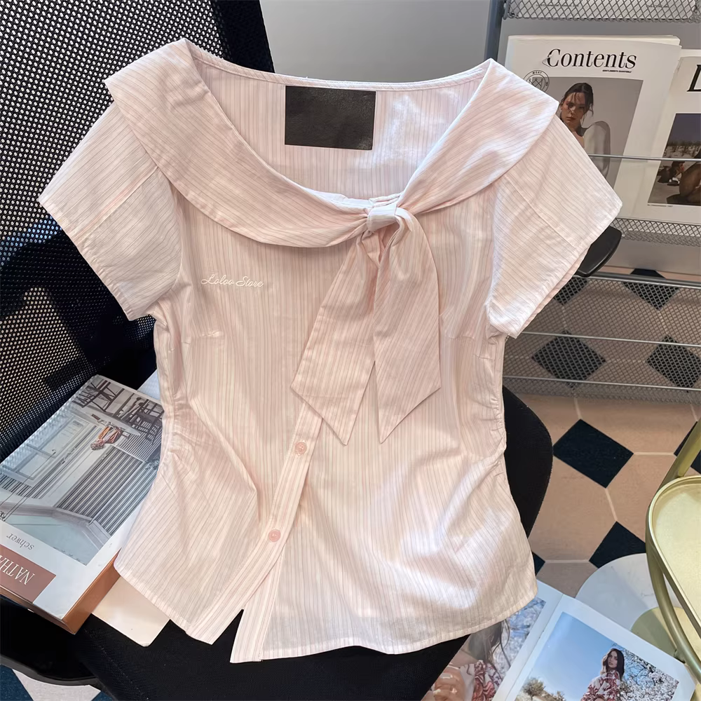 Áo sơ mi trễ vai sọc hồng phong cách Hàn Quốc có vạt chéo dành cho nữ, đầu hè, áo ngắn tay sang trọng, độc đáo, đẹp