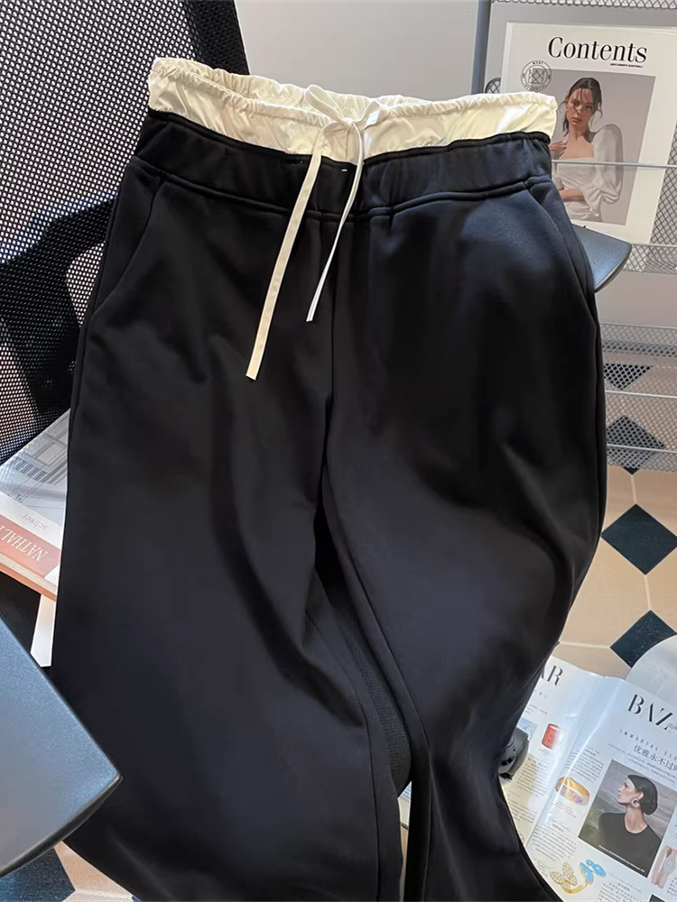 Quần ống rộng có viền eo kép được thiết kế với phối màu tương phản, dành cho nữ, kiểu dáng mùa hè thoải mái, quần dài dáng thẳng, chất liệu mềm mại.