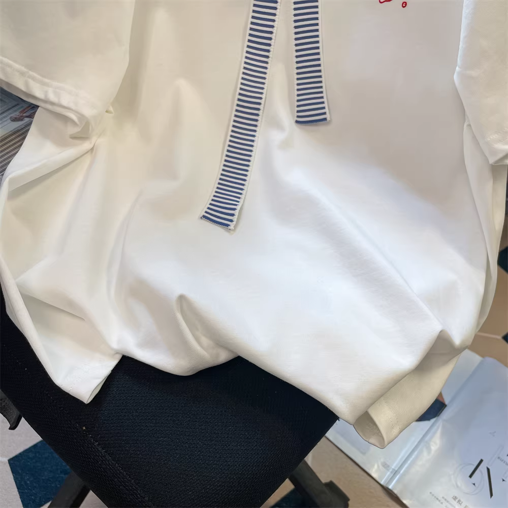 Áo thun sọc phối màu kiểu Pháp đẹp và tinh tế dành cho nữ, áo thun ngắn tay màu trắng rộng rãi và thoải mái mùa hè.