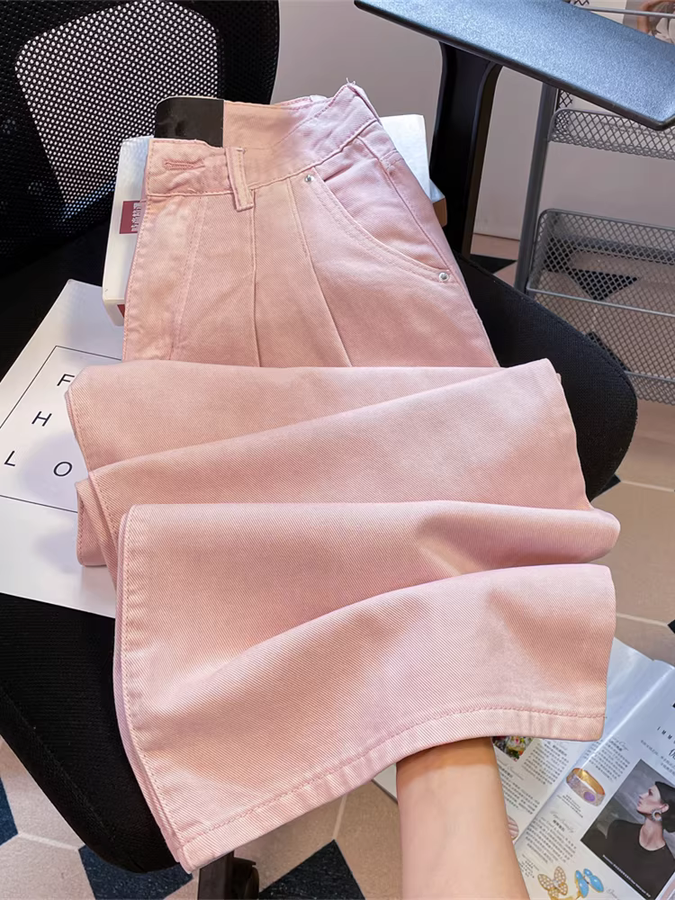 Quần denim dài màu hồng mùa hè dành cho nữ, kiểu dáng retro Mỹ, phong cách Hồng Kông, quần ống rộng lưng cao, dáng thẳng, phong cách thường ngày