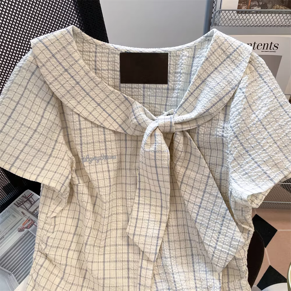 Áo sơ mi kẻ sọc cổ bồng kiểu cổ điển Pháp dành cho nữ, kiểu dáng ôm sát mùa hè, áo tay phồng chất liệu có vân dành cho công sở