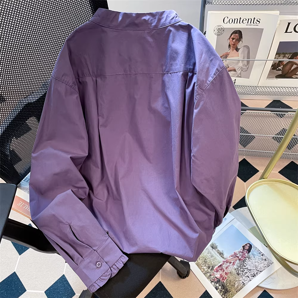 Áo sơ mi buộc dây kiểu Pháp dành cho nữ, áo khoác dài tay màu tím dáng rộng và phong cách lười biếng đầu thu