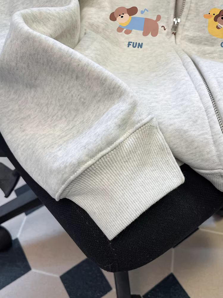 Áo len cardigan in hình chó con hoạt hình phong cách Hàn Quốc mùa thu đông dành cho nữ, áo khoác có mũ trùm đầu chắp vá kẻ sọc độc đáo cao cấp