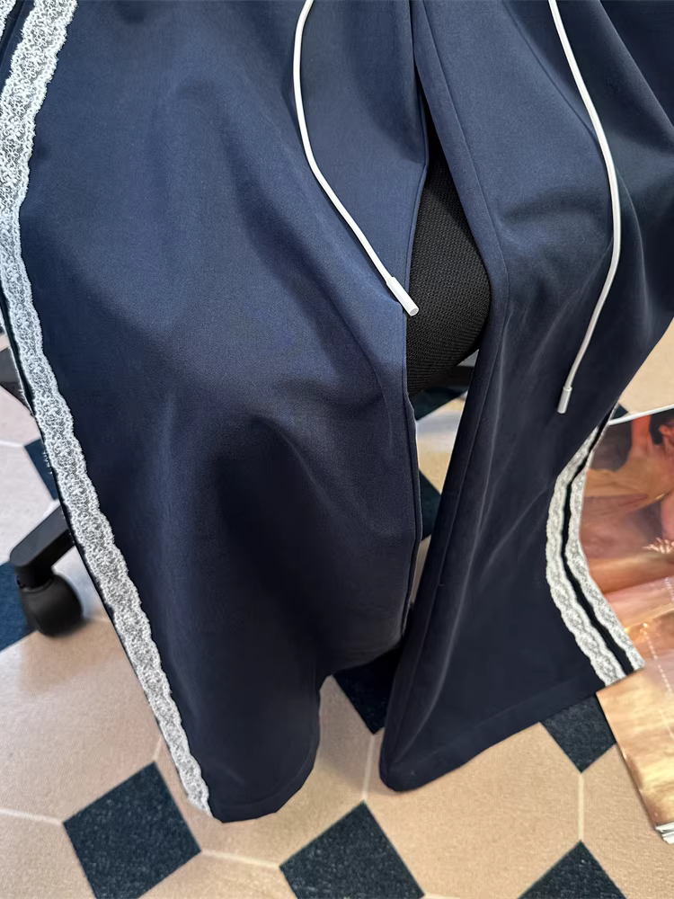 Quần ống rộng lưng cao viền ren mùa xuân thu dành cho nữ, quần thể thao sọc thẳng dáng xuông thiết kế độc đáo, phong cách thường ngày