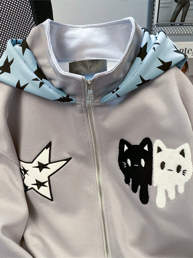 Áo hoodie thêu hình ngôi sao theo phong cách Mỹ dành cho nữ, áo khoác cardigan phong cách y2k mùa thu đông