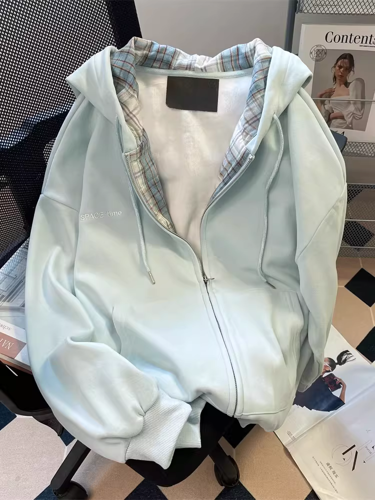 Áo len cardigan chắp vá kẻ sọc màu xanh bạc hà phong cách Hàn Quốc dành cho nữ, mùa xuân và mùa thu, thiết kế độc đáo, áo khoác có mũ trùm đầu có khóa kéo