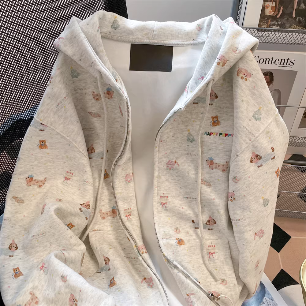 Áo len in họa tiết hoạt hình toàn thân cho chó dachshund phong cách mùa thu Hàn Quốc dành cho phụ nữ nhỏ nhắn, áo khoác cardigan có mũ trùm đầu sành điệu, ngọt ngào, giảm tuổi tác