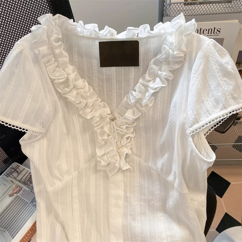 Áo sơ mi xếp nếp kiểu Pháp cổ điển dành cho nữ, phong cách mùa hè mới, độc đáo và sang trọng, áo ngắn tay tôn dáng