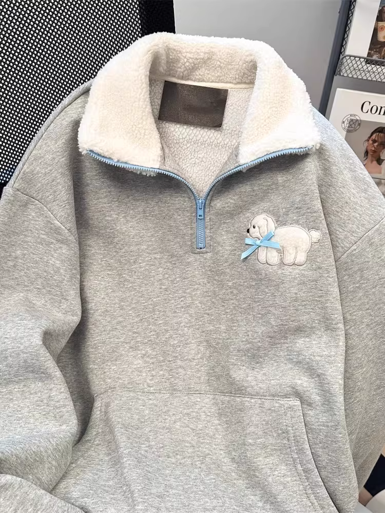 Áo khoác có cổ kiểu Hàn Quốc dành cho nữ, áo polo dài tay dày dặn bằng lông cừu mùa thu đông