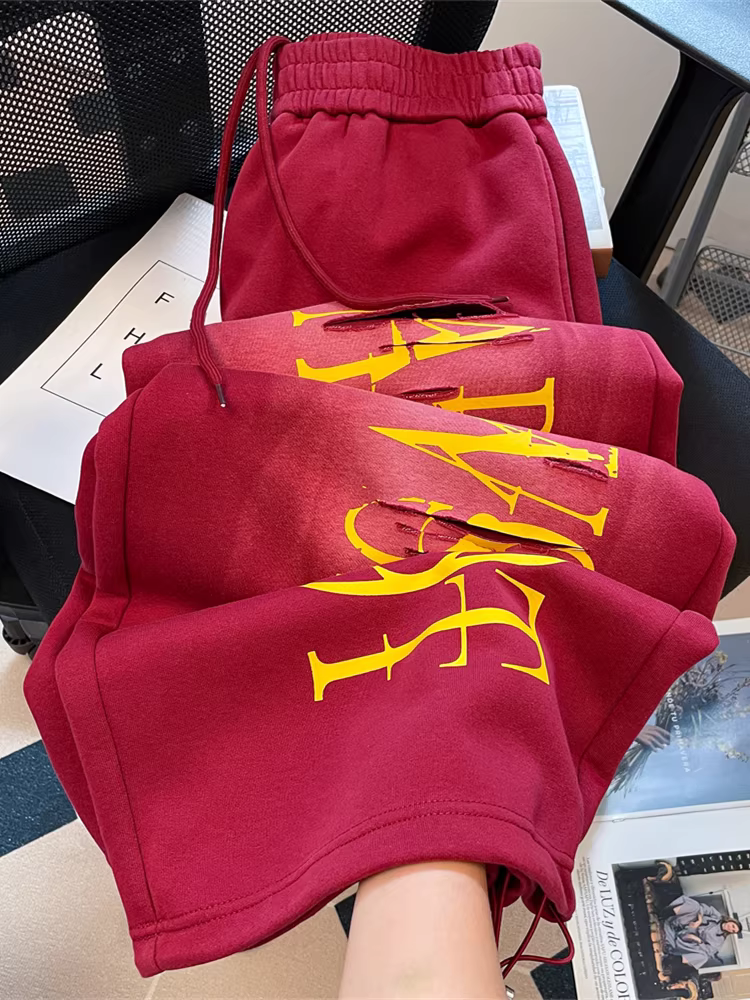 Quần ống rộng màu đỏ rách kiểu đường phố Mỹ dành cho nữ, quần ống rộng dáng rộng phong cách hip-hop mùa thu