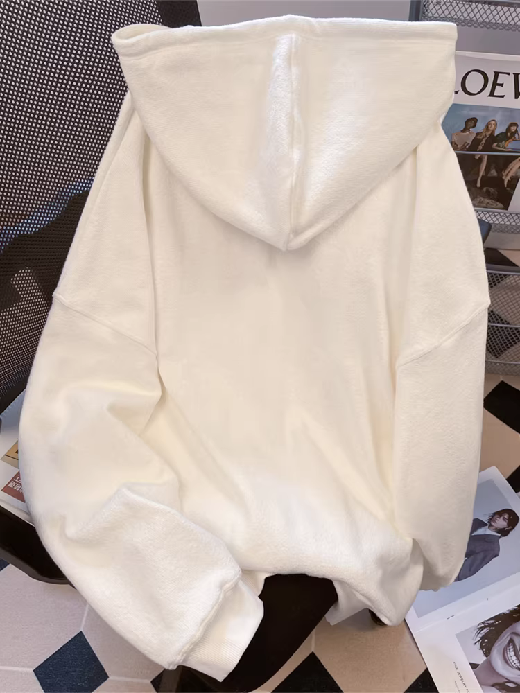 Áo khoác có mũ trùm đầu dáng rộng kiểu Mỹ màu trắng dành cho nữ, mặc cặp đôi mùa thu đông, áo thiết kế đơn giản giản dị.