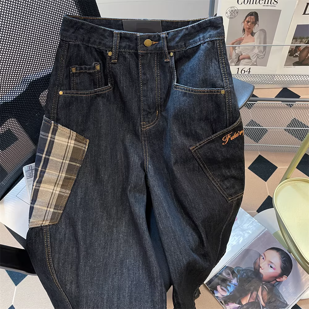 Quần short denim kiểu Mỹ cổ điển, phối họa tiết ca rô, phong cách công sở, dành cho nữ, kiểu dáng mùa hè, phong cách đường phố sành điệu, kiểu dáng Hong Kong, quần ống rộng, quần lửng.