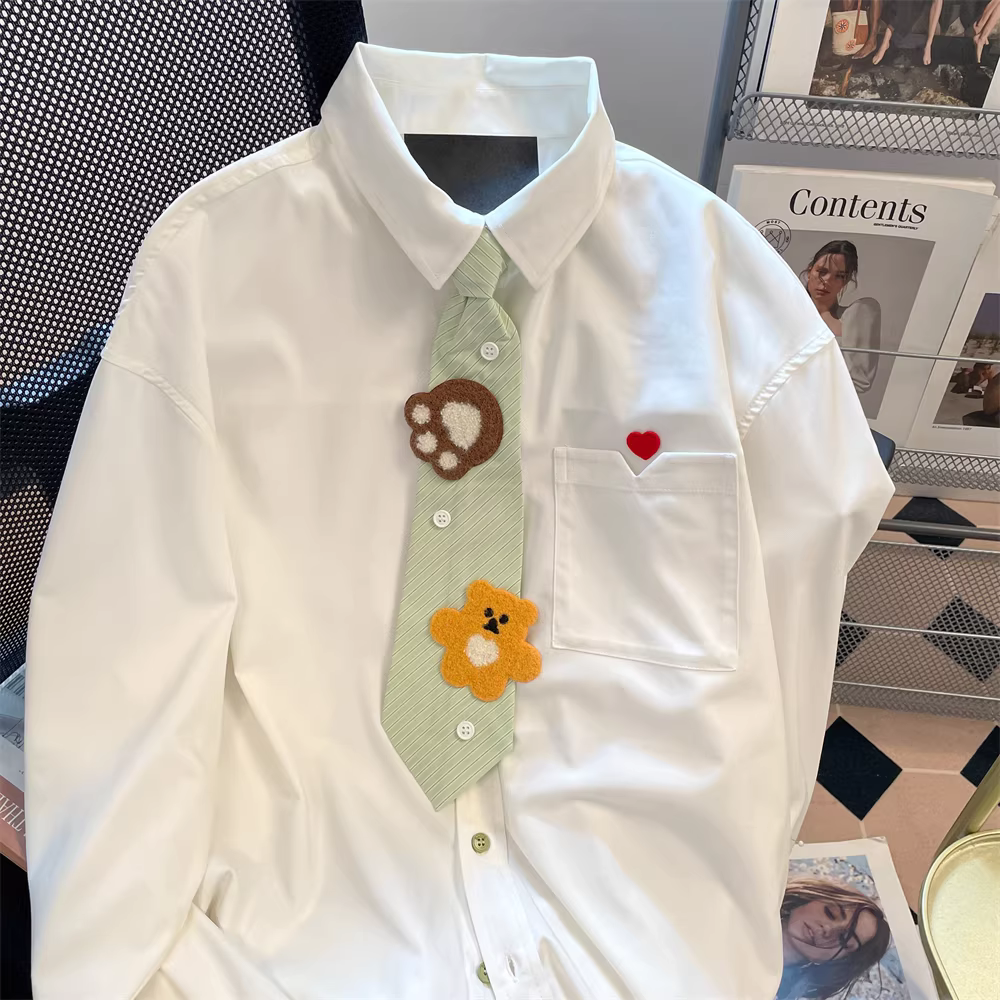 Áo sơ mi phối cà vạt gấu dễ thương phong cách retro Hàn Quốc dành cho nữ, kiểu preppy, mẫu mới thu đông 2025, áo đôi tay dài