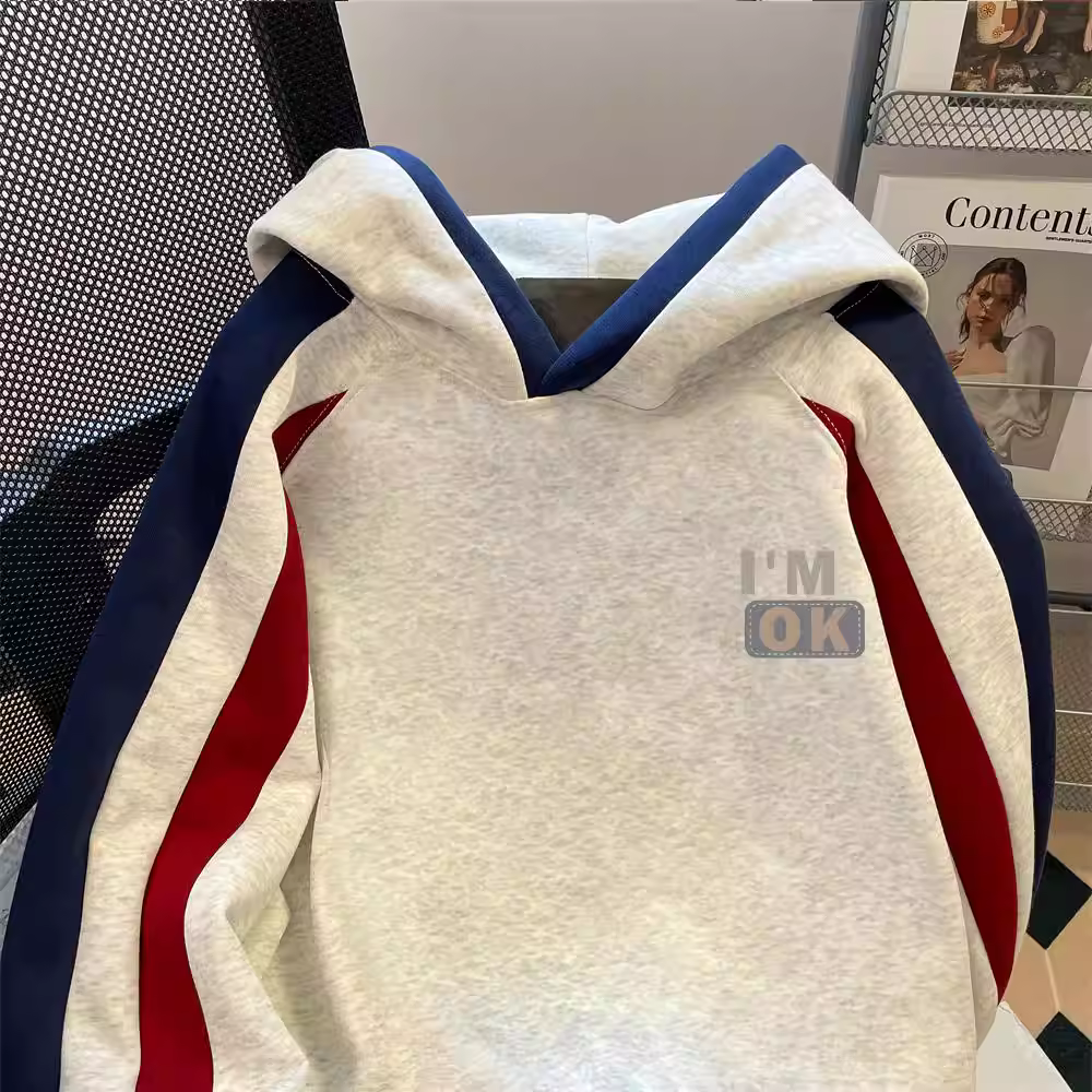 Áo hoodie oversize dành cho cặp đôi của Mỹ, thiết kế mùa xuân và mùa thu, áo khoác chắp vá phối màu độc đáo