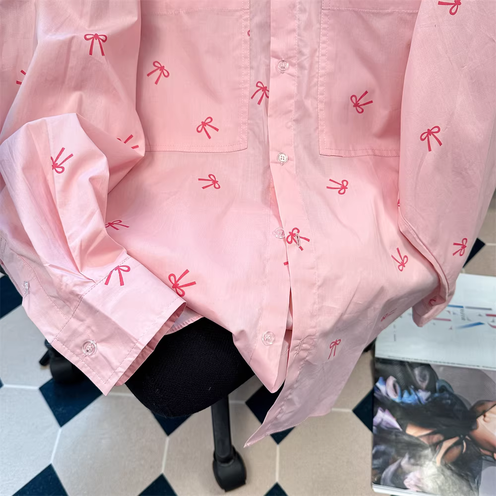 Áo sơ mi nữ in họa tiết nơ ngọt ngào cao cấp, kiểu mới xuân thu 2024, áo dài tay thanh lịch.