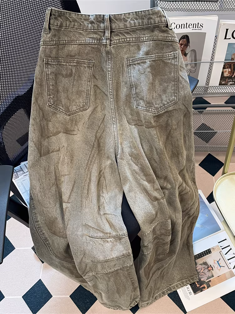 Quần jean công sở dáng ôm eo cao phong cách cổ điển Mỹ dành cho nữ, thiết kế xuân thu, quần ống rộng dáng thẳng dài chấm đất.