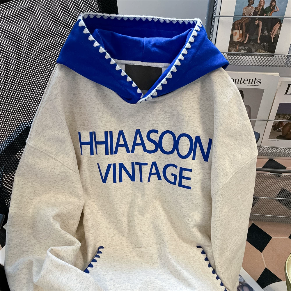 Áo khoác hoodie kiểu chữ cổ điển kiểu Trung Quốc dành cho nữ, mùa thu đông, lót lông cừu dày, dày dặn, áo khoác ngoài kiểu dáng lười biếng.