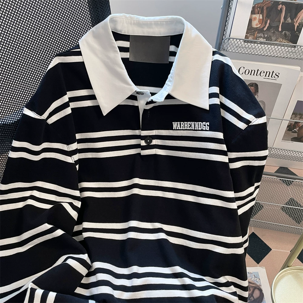 Áo polo sọc retro Hàn Quốc tay dài dành cho nữ, kiểu dáng rộng rãi, tôn dáng, cổ trụ, mùa thu sớm 2025, mới