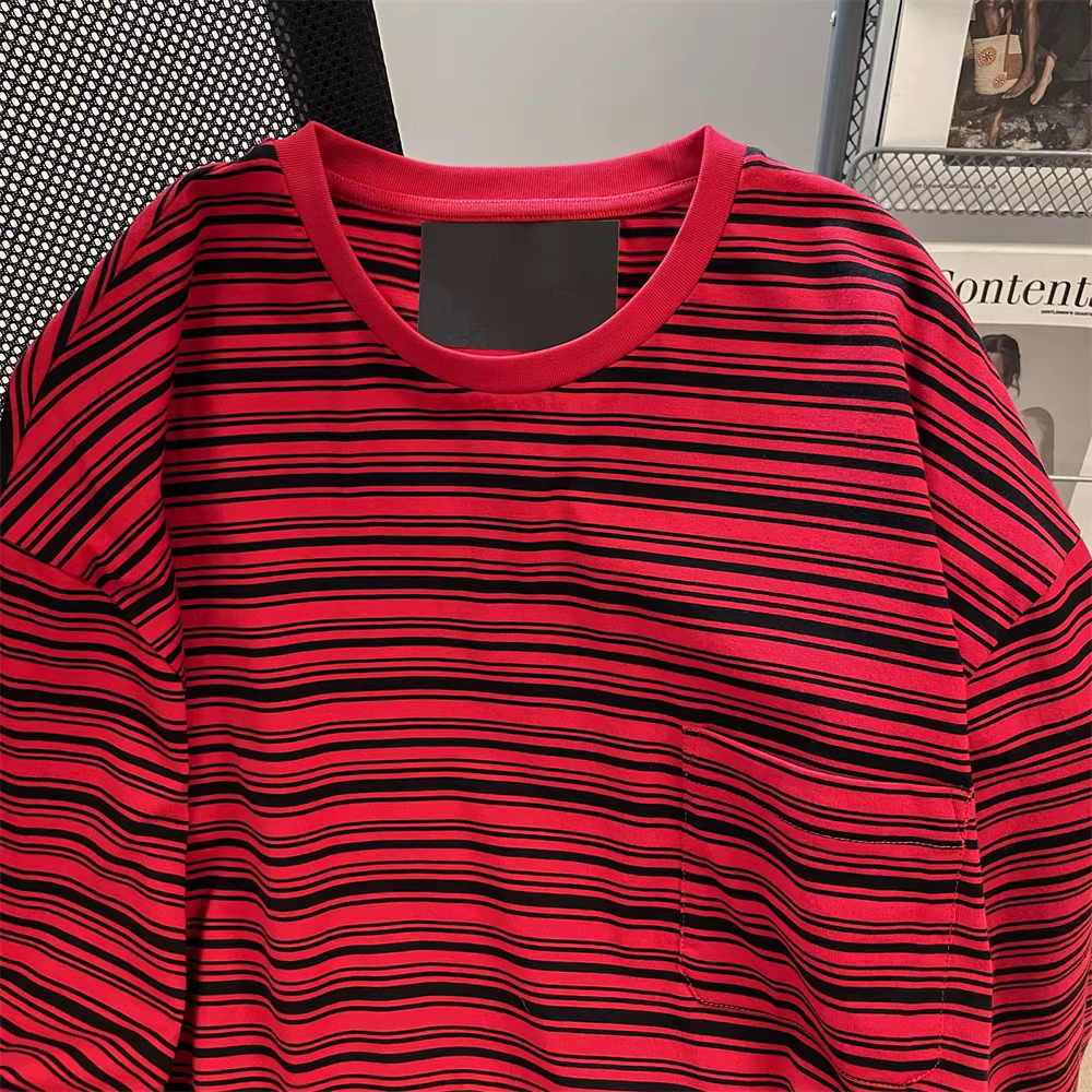 Áo thun dài tay sọc đen đỏ cổ điển của Mỹ dành cho nữ, thiết kế đầu thu, áo lót bên trong kiểu dáng độc đáo.