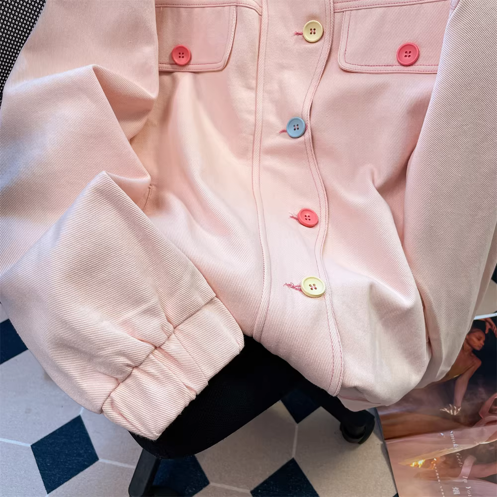 Áo khoác denim hoa hồng siêu xinh ngọt ngào dành cho nữ đầu thu phong cách cổ điển Hàn Quốc áo khoác nhỏ nhắn