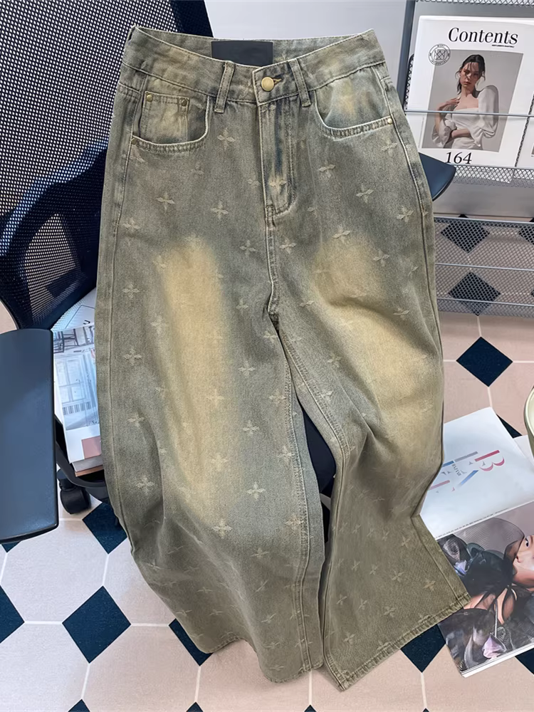 Quần jeans màu vàng đất, kiểu dáng độc đáo, được xử lý làm cũ và phai màu, dành cho nữ, phong cách đường phố Mỹ cổ điển mùa thu, dáng ống đứng, ống loe, ống rộng