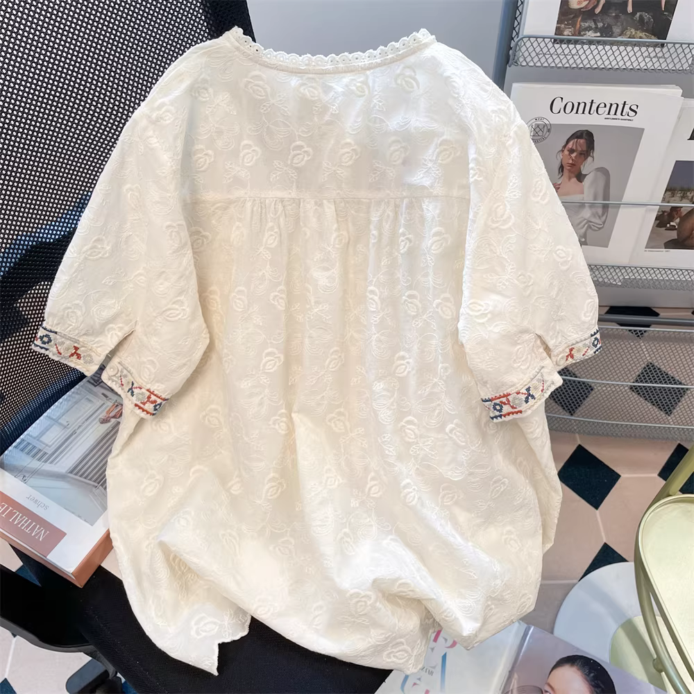 Áo sơ mi ren thêu nặng kiểu dân tộc cổ điển dành cho nữ, mẫu mới hè 2025, phong cách Pháp thanh lịch, đẹp, tay ngắn