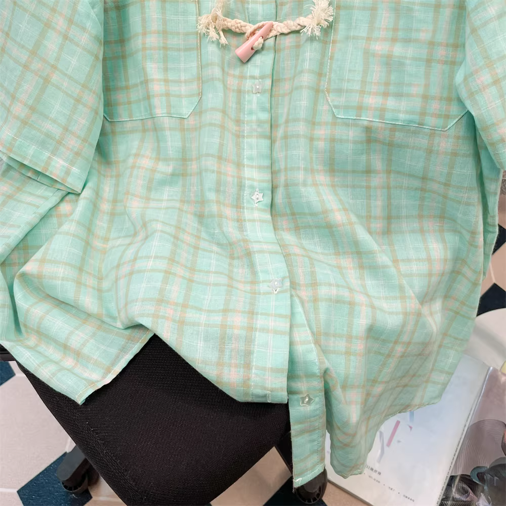 Áo sơ mi ngắn tay kẻ sọc màu xanh bạc hà kiểu Nhật dành cho nữ, phong cách đại học mùa hè, cổ điển, độc đáo và đặc biệt.