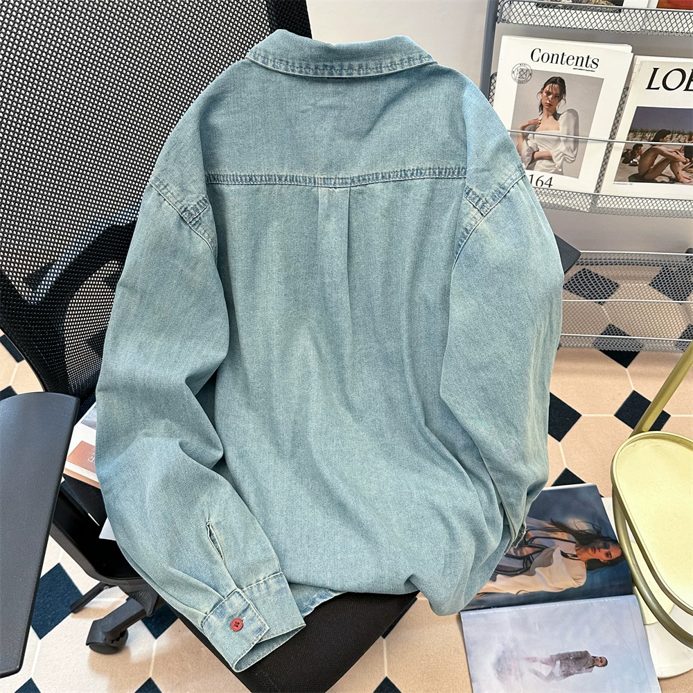 Áo sơ mi denim thêu hình mặt cười phong cách retro sang trọng kiểu Hồng Kông dành cho nữ, áo dài tay xếp lớp cao cấp phong cách Mỹ mùa xuân thu