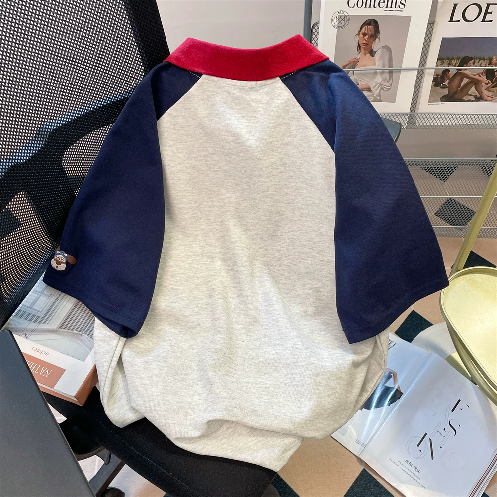 Áo thun ngắn tay cổ polo thêu hình chú chó con dễ thương phong cách châu Âu dành cho nữ, phong cách sinh viên nghệ thuật mùa hè, áo tay raglan phối màu dễ thương