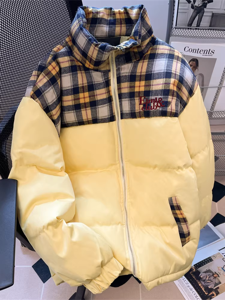 Áo khoác cotton kẻ sọc chắp vá cao cấp theo phong cách retro của Mỹ dành cho nữ, phong cách mùa đông mới, áo khoác phao kiểu đại học dành cho cặp đôi.