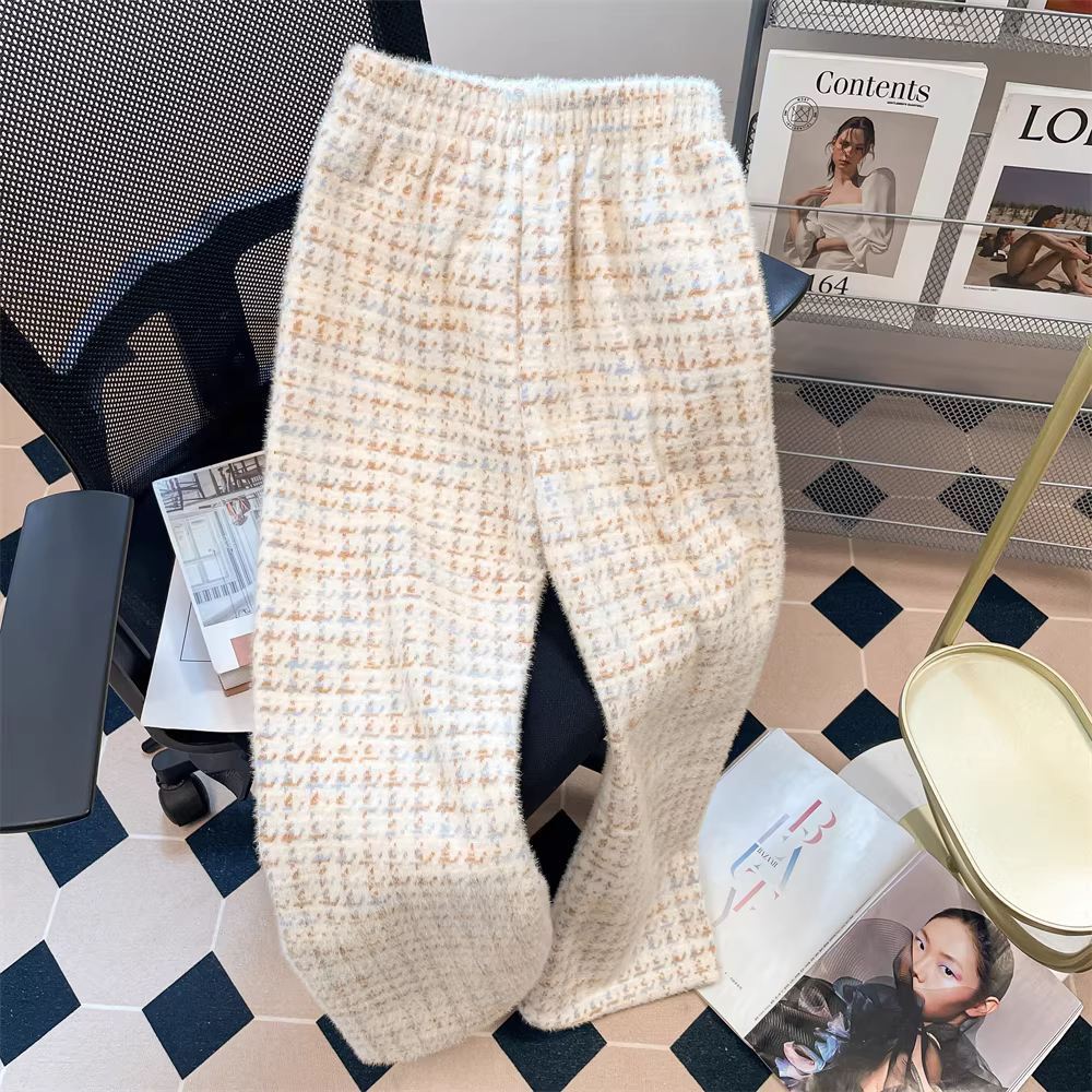 Quần dài ống rộng chất liệu tweed kẻ ô vuông dày dặn lông chồn dành cho phụ nữ nhỏ nhắn mùa thu đông