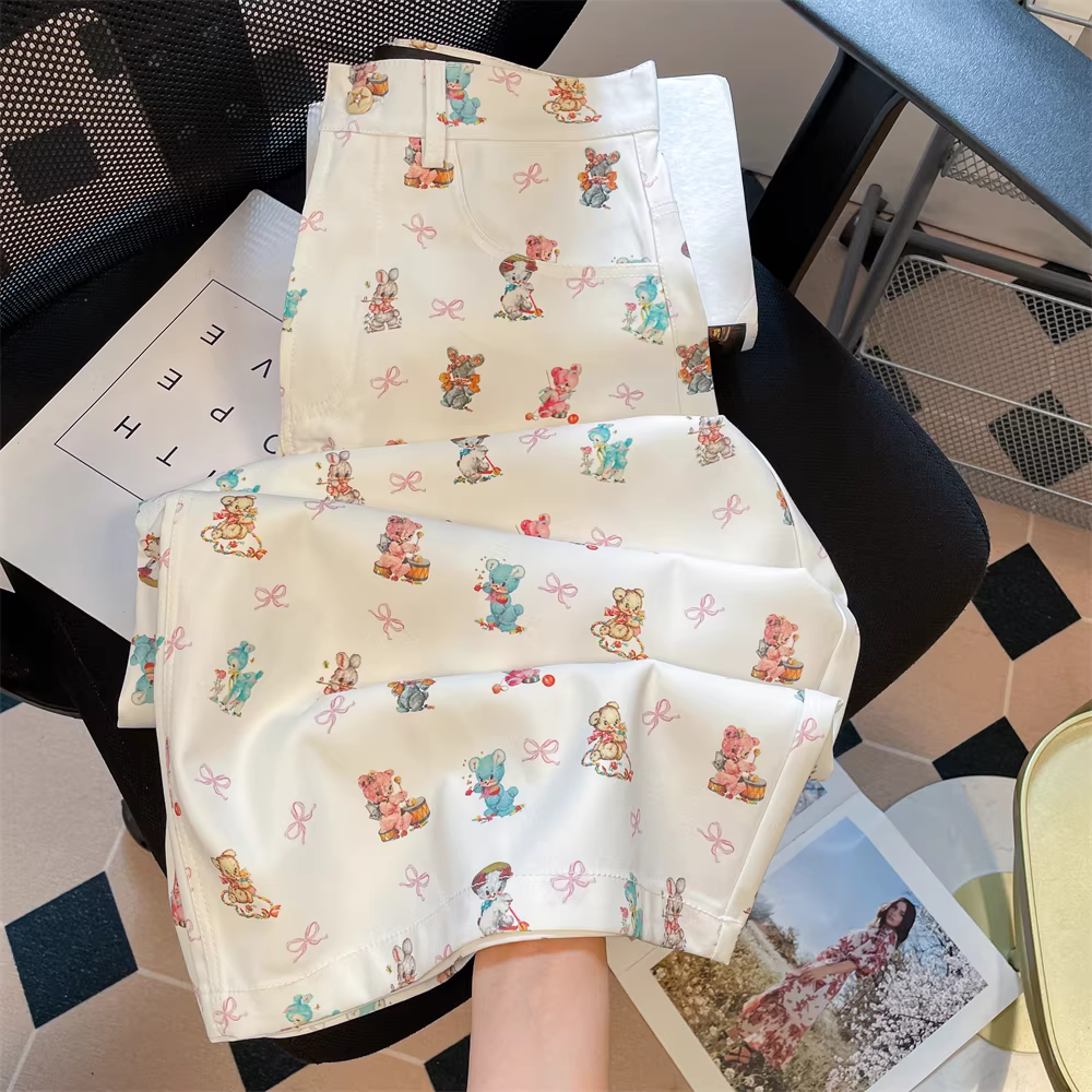 Quần ống rộng in họa tiết hoạt hình dễ thương màu trắng phong cách Hàn Quốc dành cho nữ, quần dài dáng suông dáng rộng thông thường mùa hè, quần dài dáng suông dài đến sàn