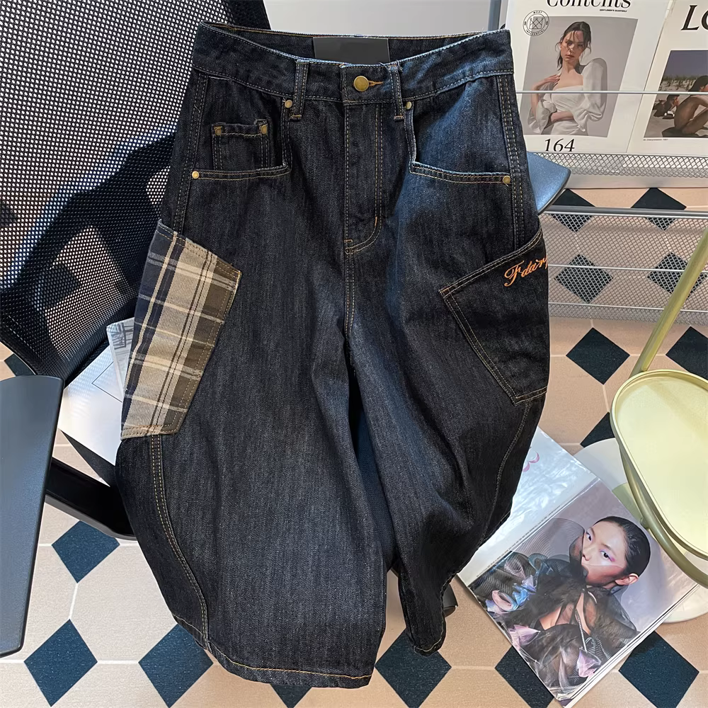 Quần short denim kiểu Mỹ cổ điển, phối họa tiết ca rô, phong cách công sở, dành cho nữ, kiểu dáng mùa hè, phong cách đường phố sành điệu, kiểu dáng Hong Kong, quần ống rộng, quần lửng.