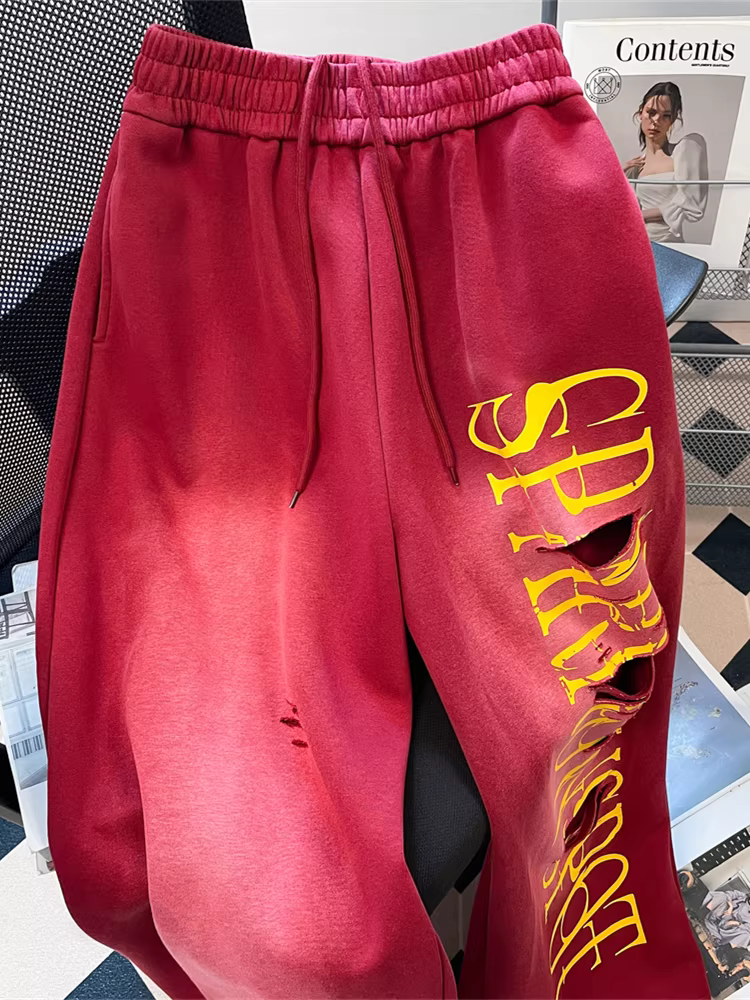 Quần ống rộng màu đỏ rách kiểu đường phố Mỹ dành cho nữ, quần ống rộng dáng rộng phong cách hip-hop mùa thu