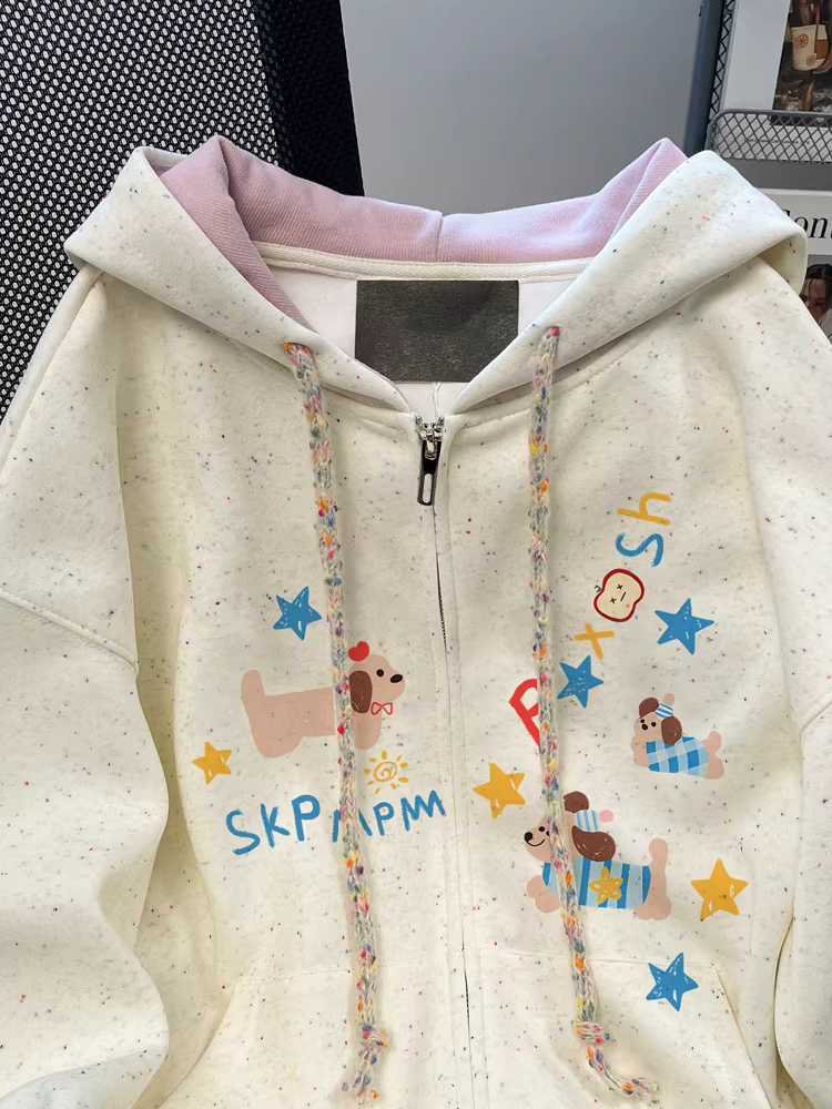 Áo len cardigan hình chó con dễ thương phong cách Nhật Bản dành cho nữ, mùa xuân và mùa thu, áo khoác có mũ trùm đầu cỡ lớn có khóa kéo