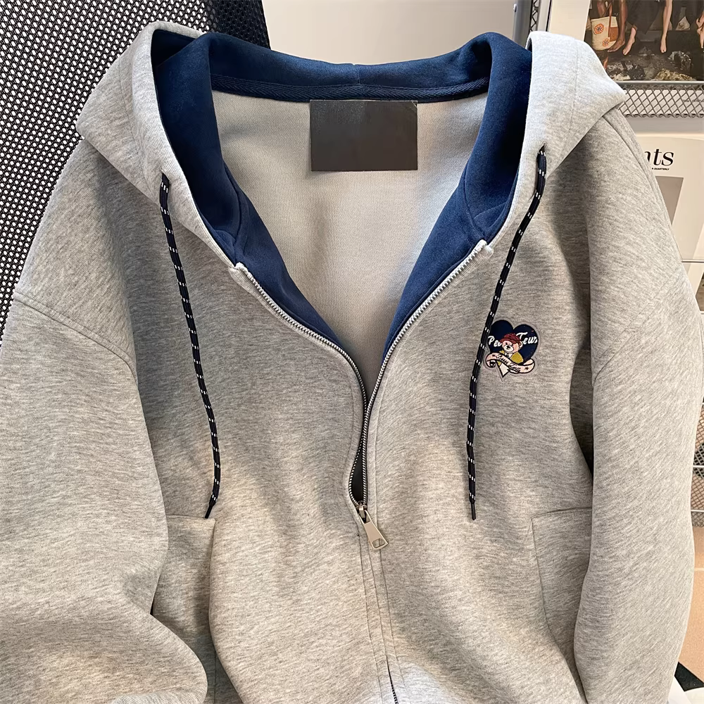 Áo len thêu hình gấu phong cách đại học Mỹ dành cho nữ, áo khoác cardigan đa năng kiểu dáng rộng rãi hợp thời trang mùa thu