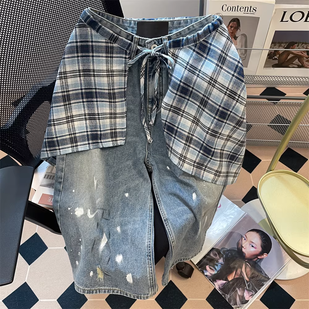 Váy kẻ sọc phối màu kiểu Mỹ với quần short bảy phần đính mực dành cho nữ, quần jean ống rộng dáng rộng phong cách cổ điển mùa hè kiểu Hồng Kông