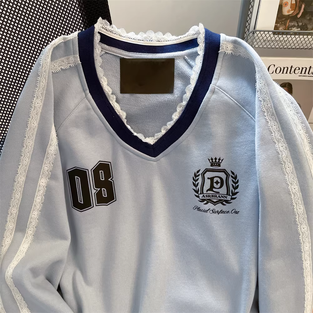 Áo len nữ cổ chữ V phong cách Hàn Quốc phối ren tương phản màu sắc mùa thu đông 2025 mới, kiểu dáng thể thao, dài tay, chất liệu thun