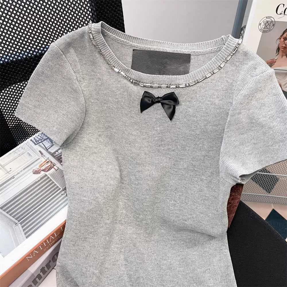 Áo dệt kim thắt nơ thanh lịch kiểu Pháp dành cho nữ, áo thun ngắn tay ôm sát vai thường ngày mùa hè