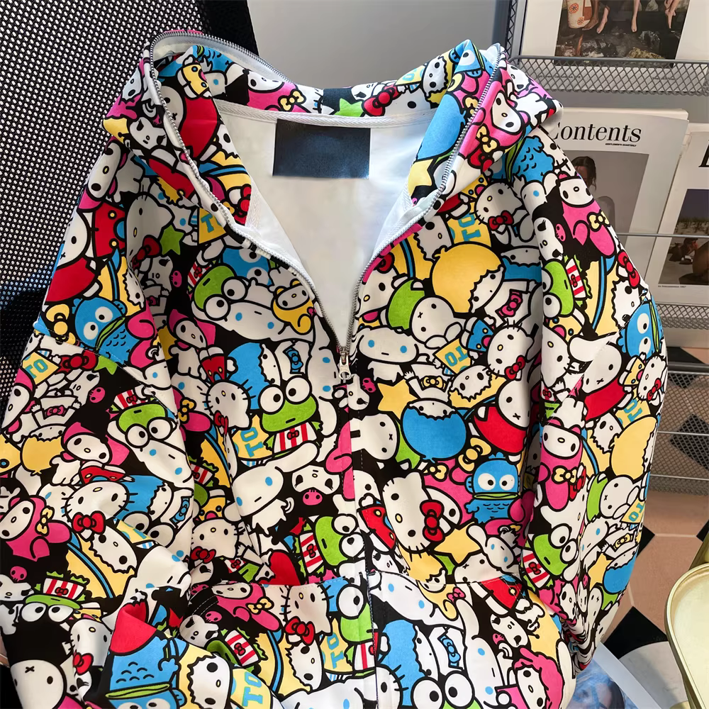 Áo khoác có mũ in hình mèo hoạt hình kiểu Mỹ dành cho nữ và cặp đôi, thiết kế mùa thu 2025, áo khoác cardigan độc đáo