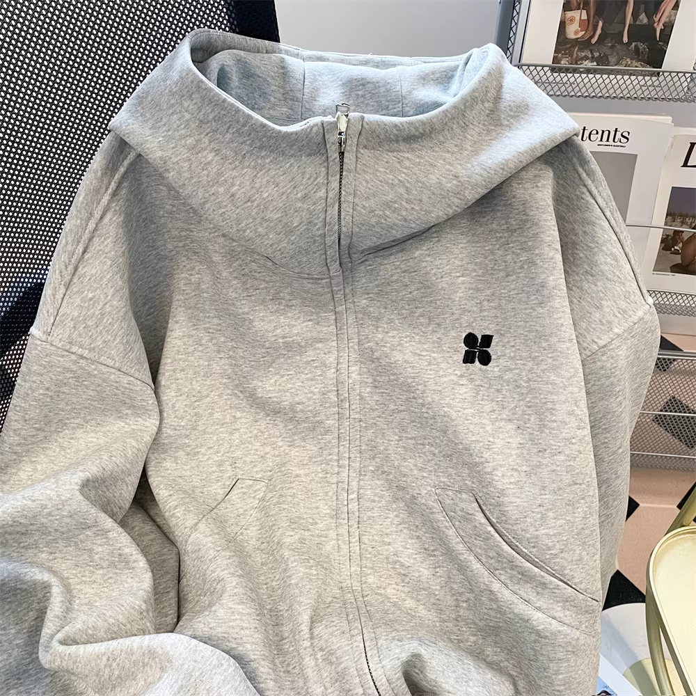 Áo khoác cardigan có mũ trùm đầu cổ cao kiểu Hàn Quốc dành cho nữ, kiểu dáng mỏng đầu thu, áo khoác thường ngày thêu dày dành cho cặp đôi.