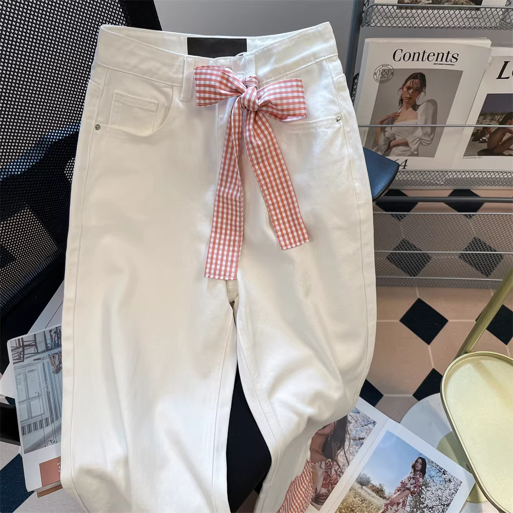 Quần jean thường ngày có nơ kẻ sọc màu hồng dành cho nữ, phong cách Hàn Quốc mùa hè, quần ống rộng ống rộng lười biếng và thoải mái