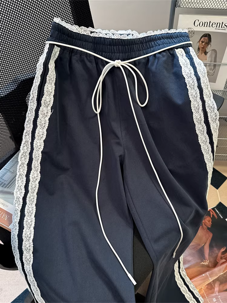 Quần ống rộng lưng cao viền ren mùa xuân thu dành cho nữ, quần thể thao sọc thẳng dáng xuông thiết kế độc đáo, phong cách thường ngày