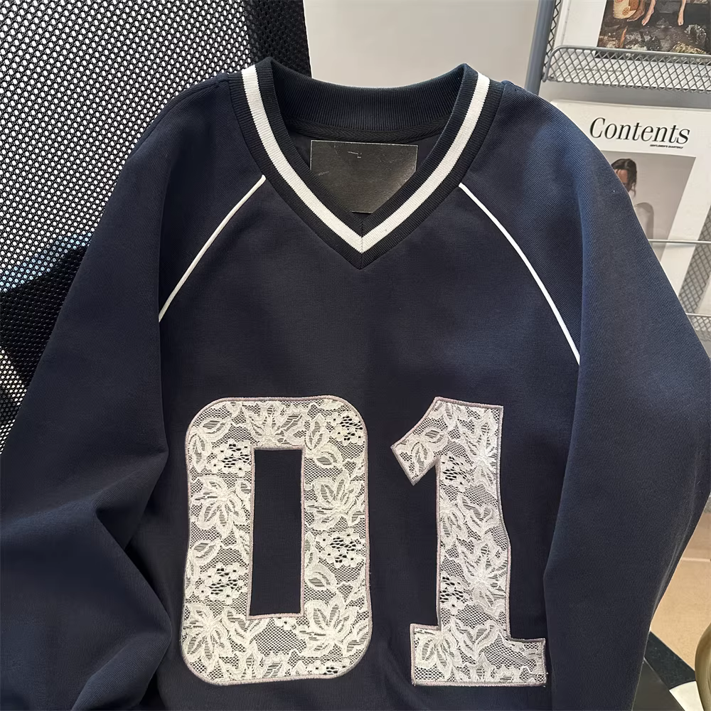 Áo thun cổ chữ V thêu ren phong cách múa ba lê Mỹ dành cho nữ, mùa xuân và mùa thu, áo thun dài tay thể thao giản dị phong cách Hàn Quốc nhỏ nhắn