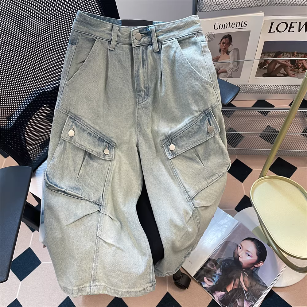 Quần denim cắt ngắn kiểu Mỹ, phong cách làm cũ, dành cho nữ, xu hướng mùa hè, thương hiệu thời trang phong cách đường phố Hồng Kông, quần ống rộng dài ngang đùi.