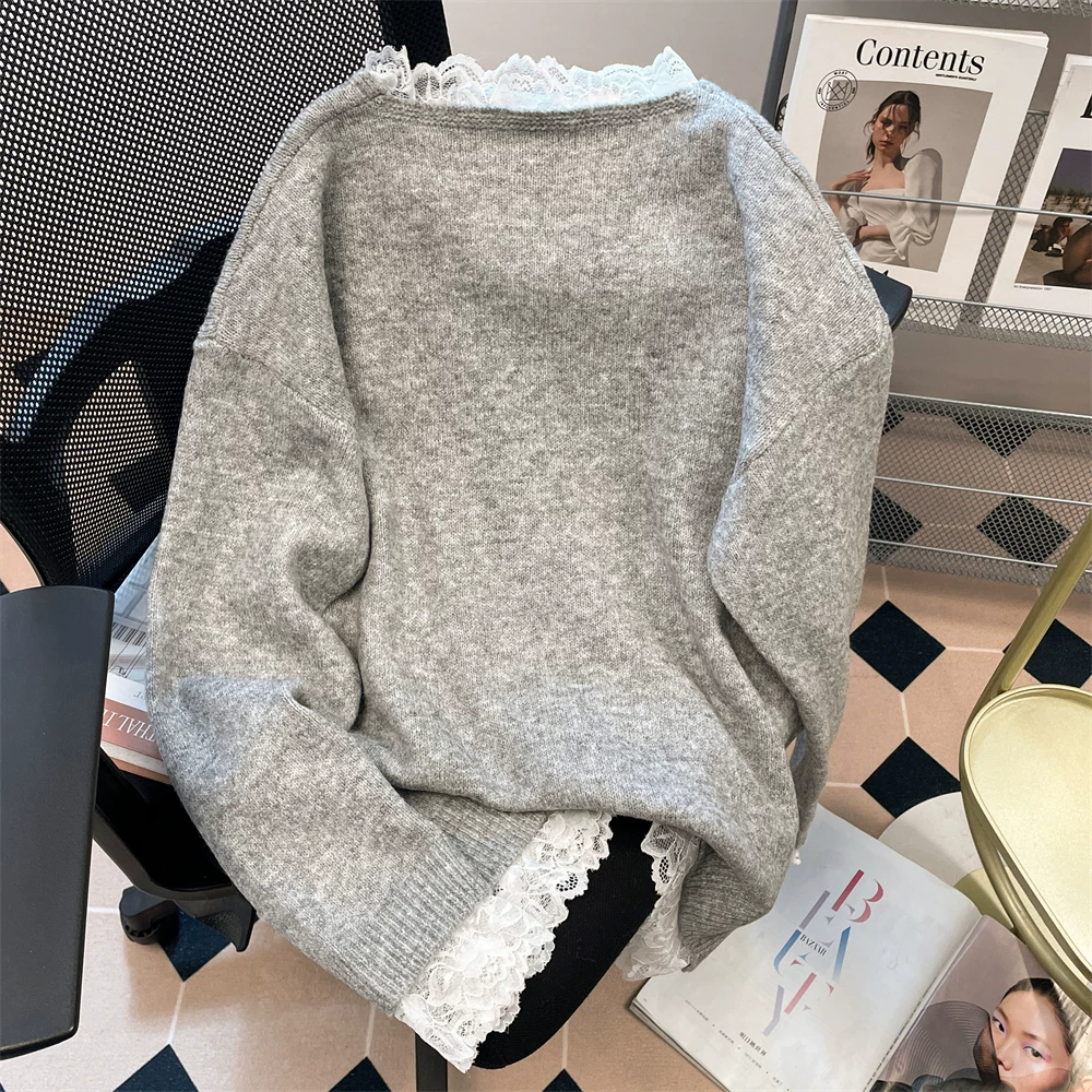 Áo len cổ chữ V phối ren mùa thu đông dành cho phụ nữ nhỏ nhắn, áo dệt kim thanh lịch phong cách Hàn Quốc siêu xinh